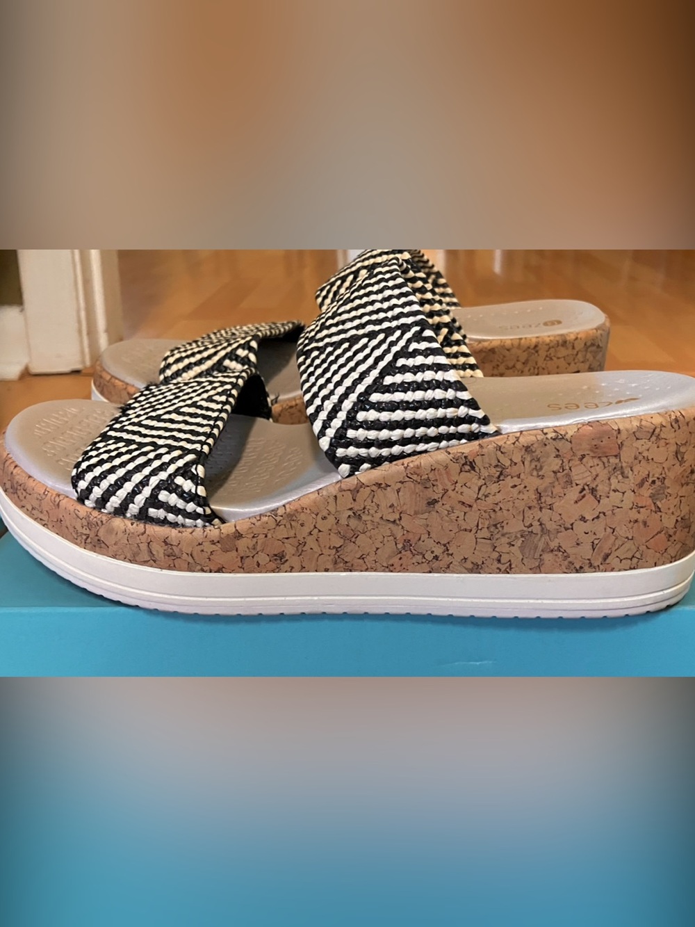 Bzees Resort Black/Natural Fabric, Cork Wedge Sandals - US 7